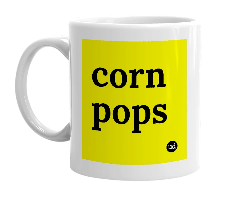 White mug with 'corn pops' in bold black letters