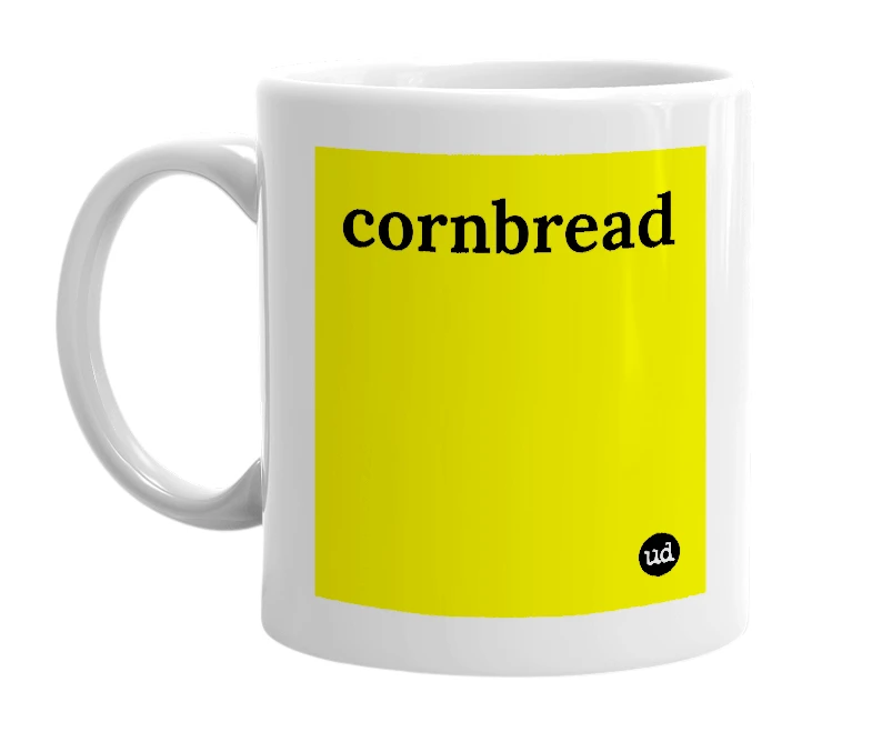 White mug with 'cornbread' in bold black letters
