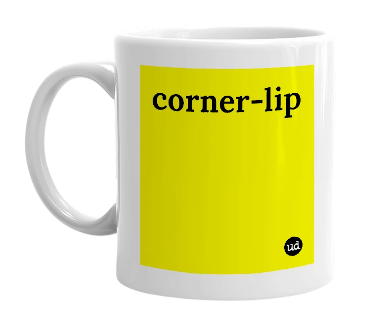 White mug with 'corner-lip' in bold black letters