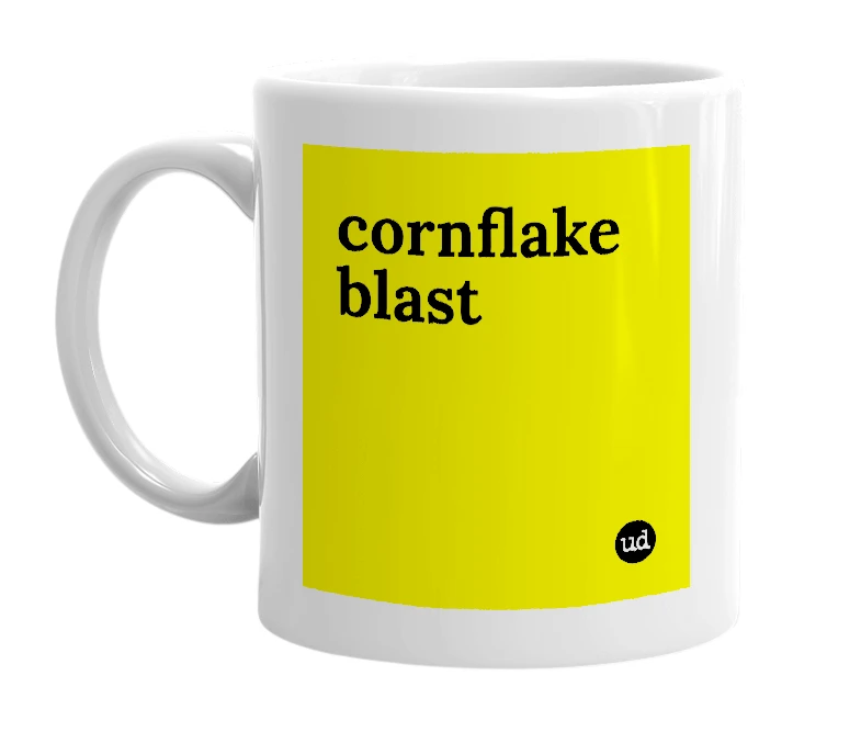 White mug with 'cornflake blast' in bold black letters