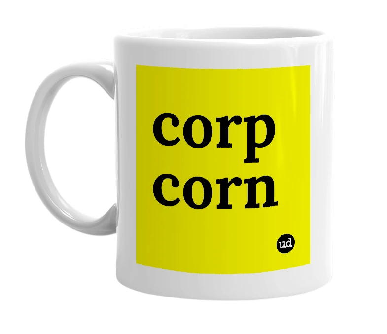 White mug with 'corp corn' in bold black letters