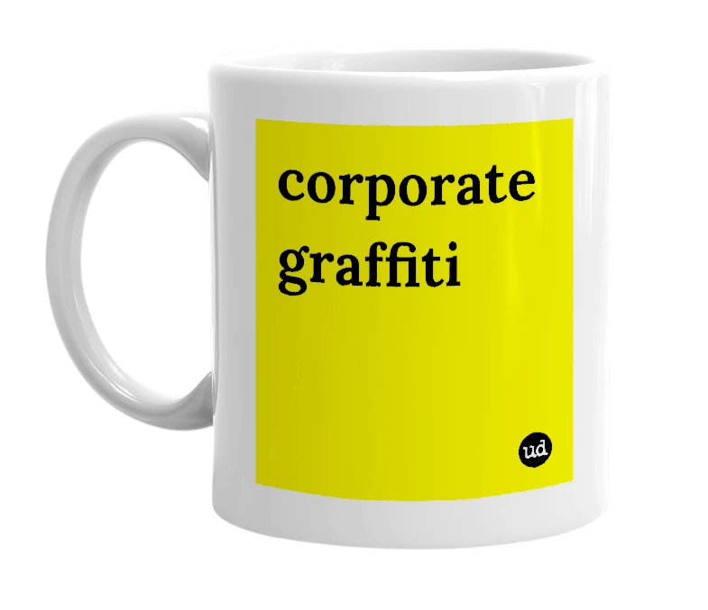 White mug with 'corporate graffiti' in bold black letters