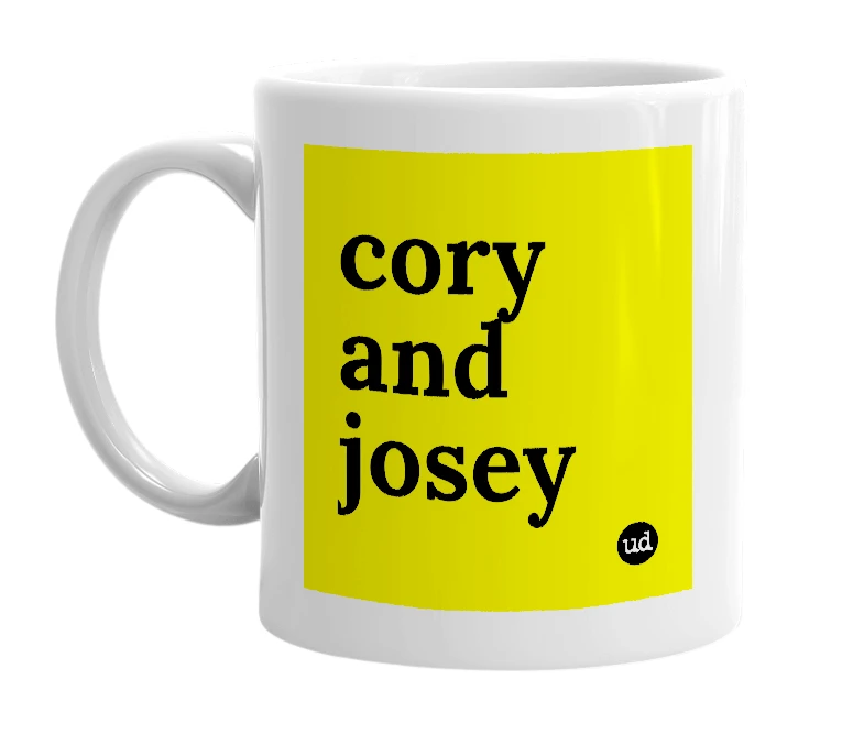 White mug with 'cory and josey' in bold black letters