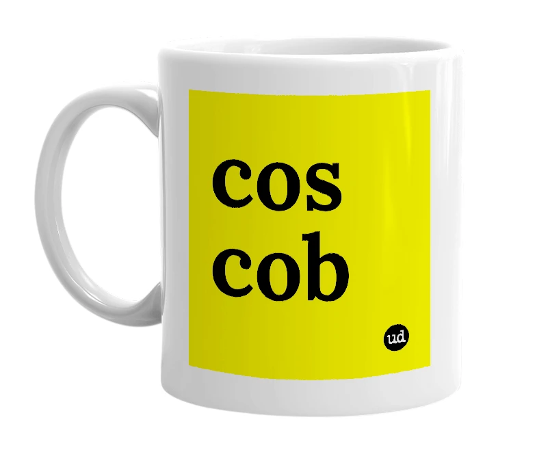 White mug with 'cos cob' in bold black letters