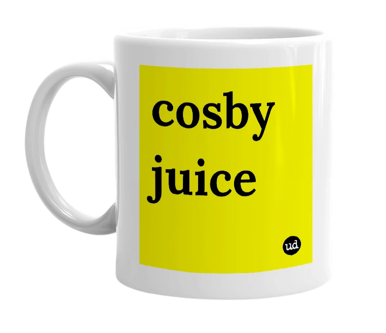 White mug with 'cosby juice' in bold black letters