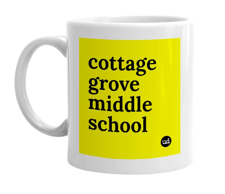 White mug with 'cottage grove middle school' in bold black letters
