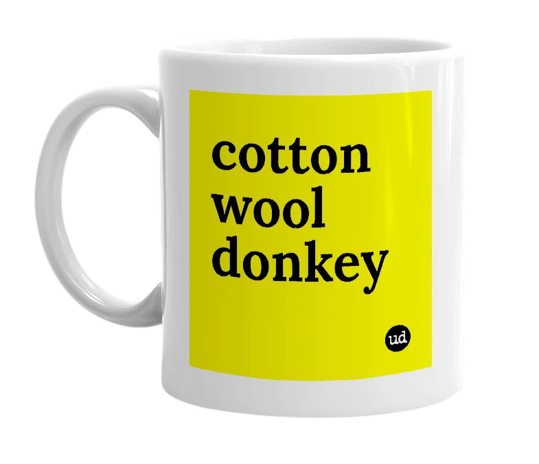 White mug with 'cotton wool donkey' in bold black letters