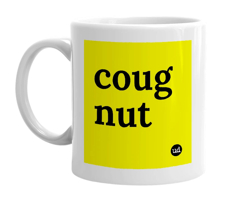 White mug with 'coug nut' in bold black letters