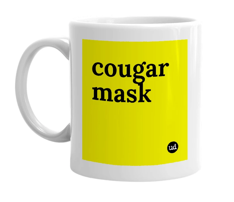 White mug with 'cougar mask' in bold black letters