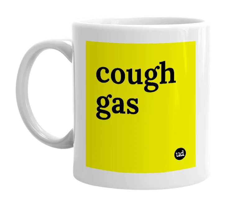 White mug with 'cough gas' in bold black letters