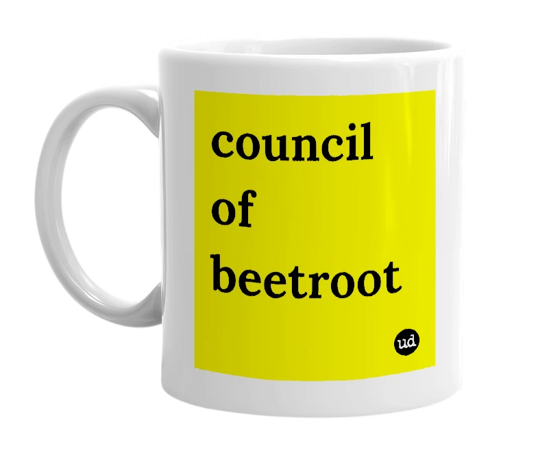 White mug with 'council of beetroot' in bold black letters
