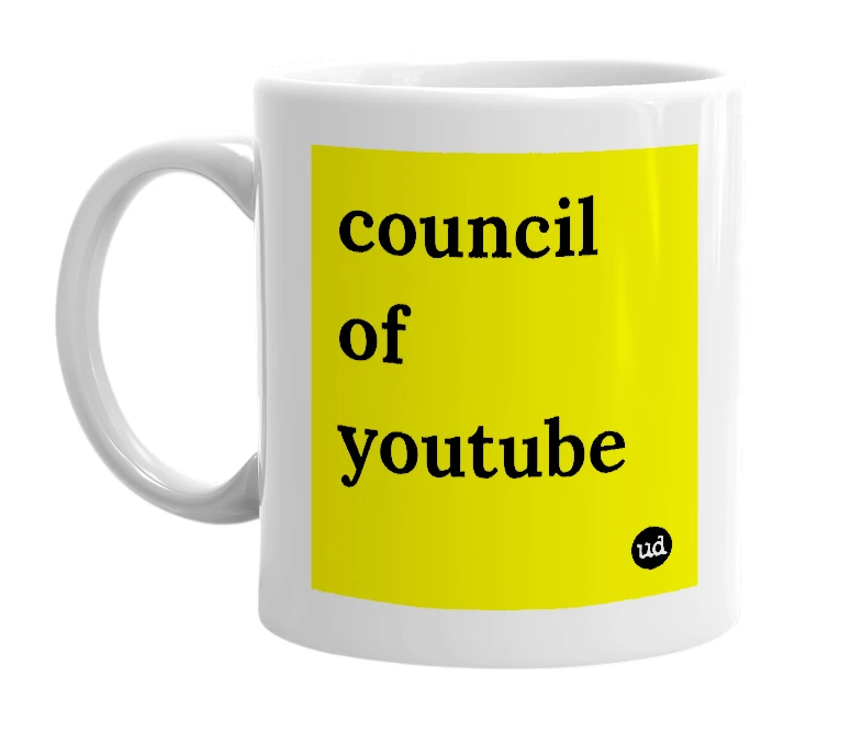 White mug with 'council of youtube' in bold black letters