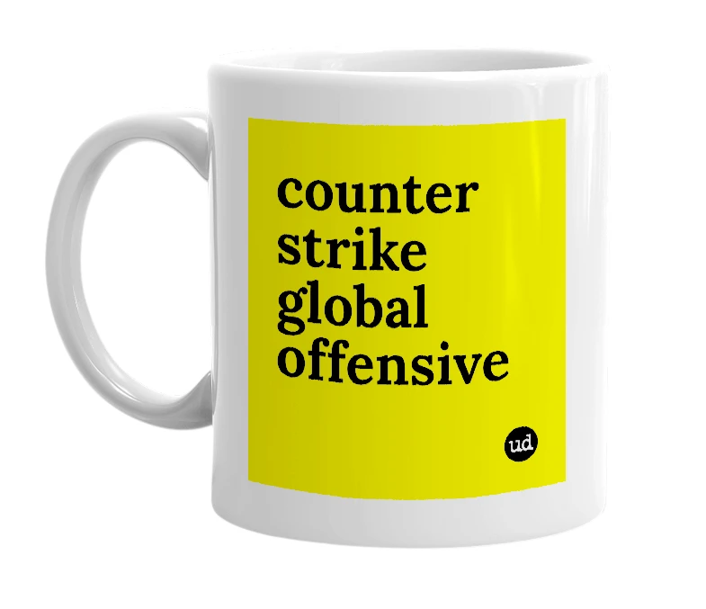 White mug with 'counter strike global offensive' in bold black letters