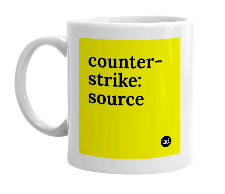 White mug with 'counter-strike: source' in bold black letters