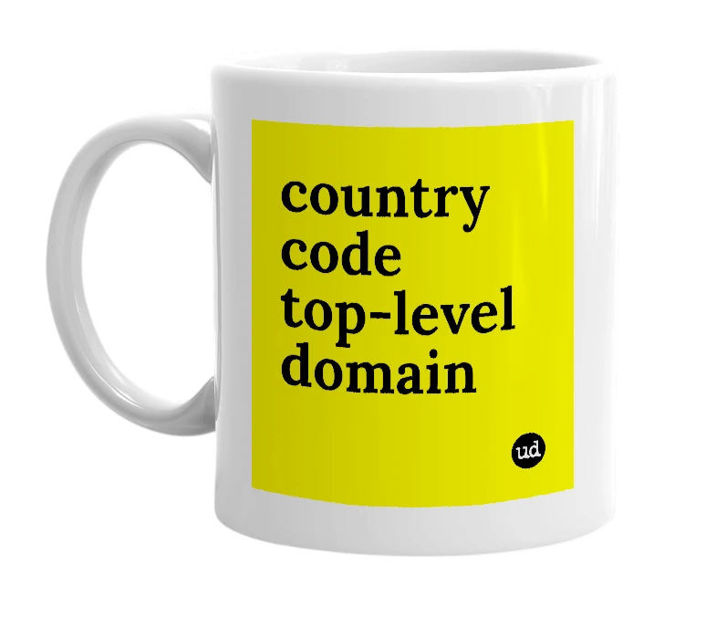 White mug with 'country code top-level domain' in bold black letters