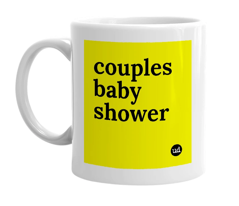 White mug with 'couples baby shower' in bold black letters