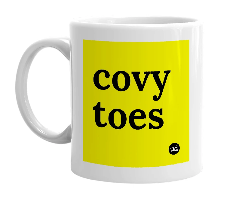 White mug with 'covy toes' in bold black letters