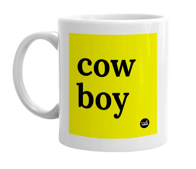 White mug with 'cow boy' in bold black letters