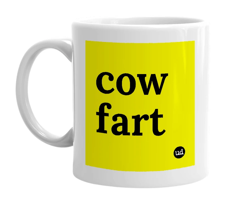 White mug with 'cow fart' in bold black letters