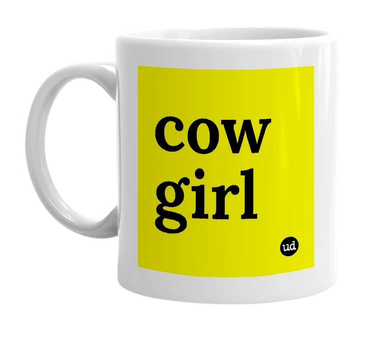 White mug with 'cow girl' in bold black letters