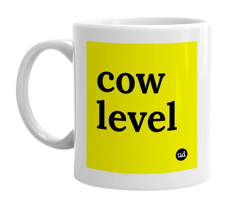 White mug with 'cow level' in bold black letters