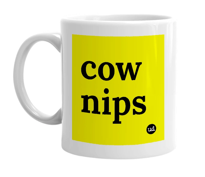 White mug with 'cow nips' in bold black letters