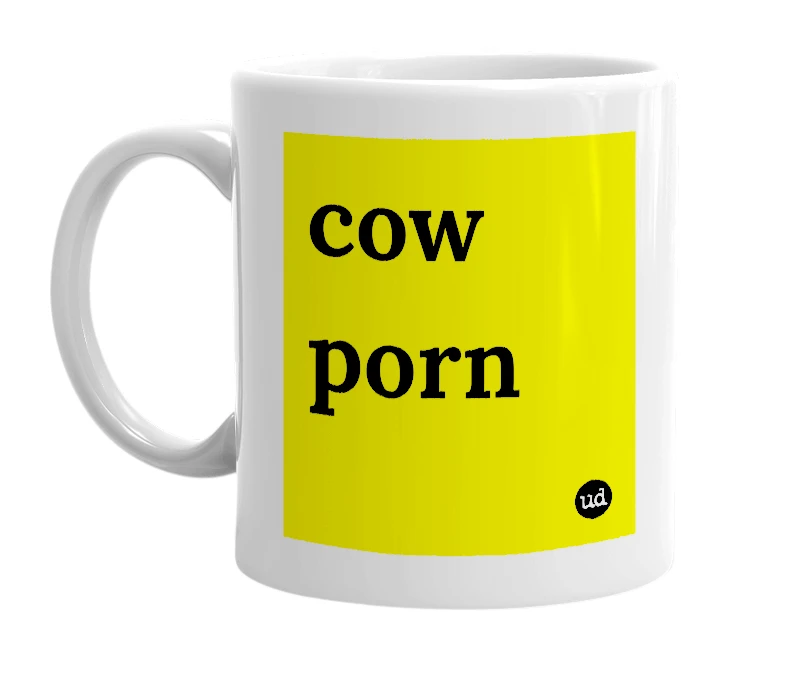 White mug with 'cow porn' in bold black letters