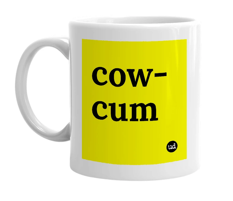 White mug with 'cow-cum' in bold black letters