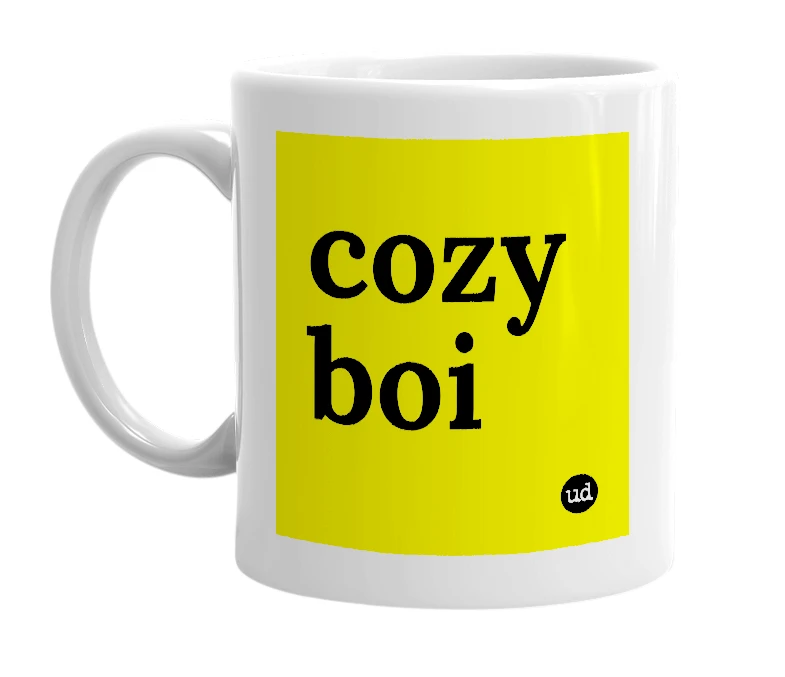 White mug with 'cozy boi' in bold black letters