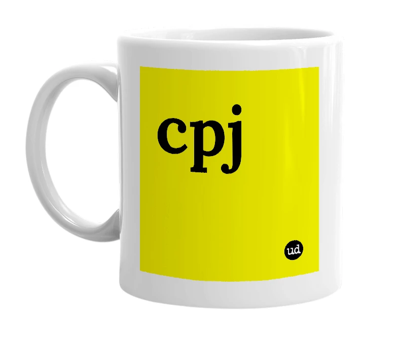 White mug with 'cpj' in bold black letters