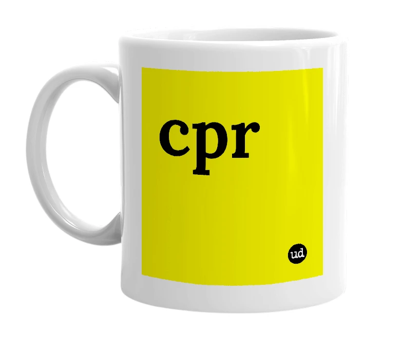 White mug with 'cpr' in bold black letters