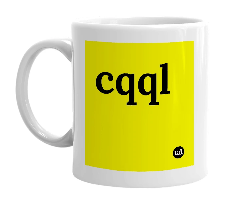 White mug with 'cqql' in bold black letters