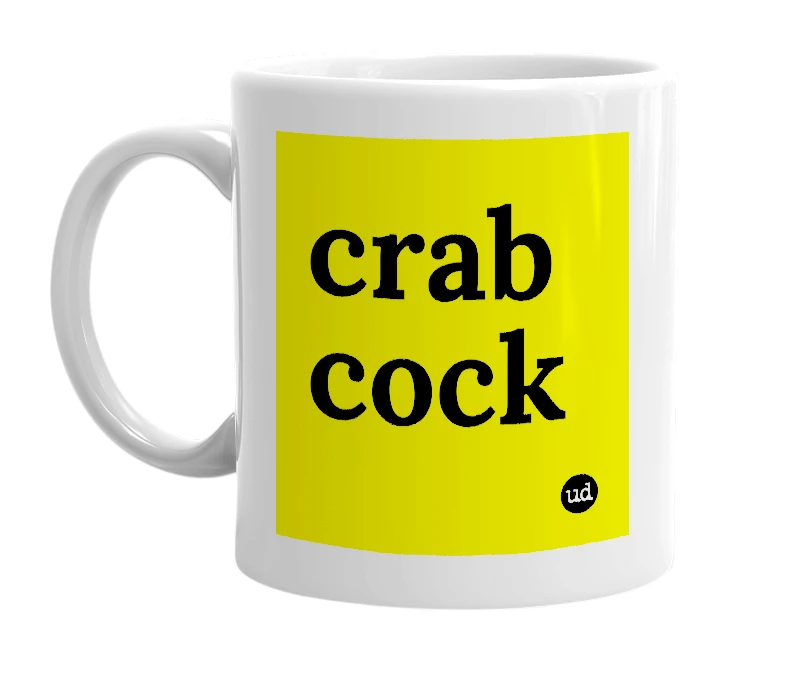 White mug with 'crab cock' in bold black letters