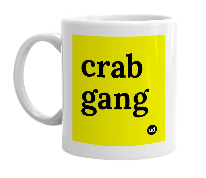 White mug with 'crab gang' in bold black letters