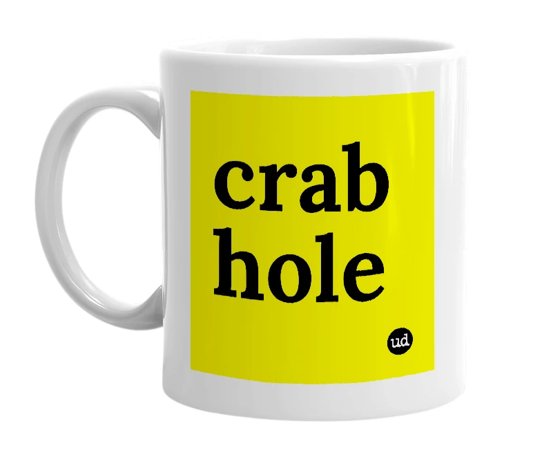 White mug with 'crab hole' in bold black letters