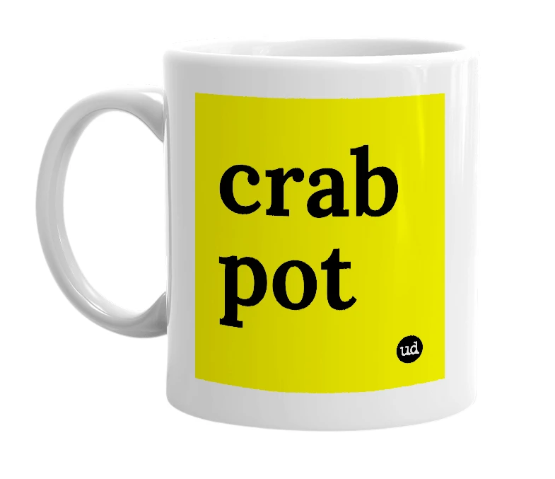 White mug with 'crab pot' in bold black letters