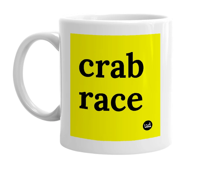 White mug with 'crab race' in bold black letters