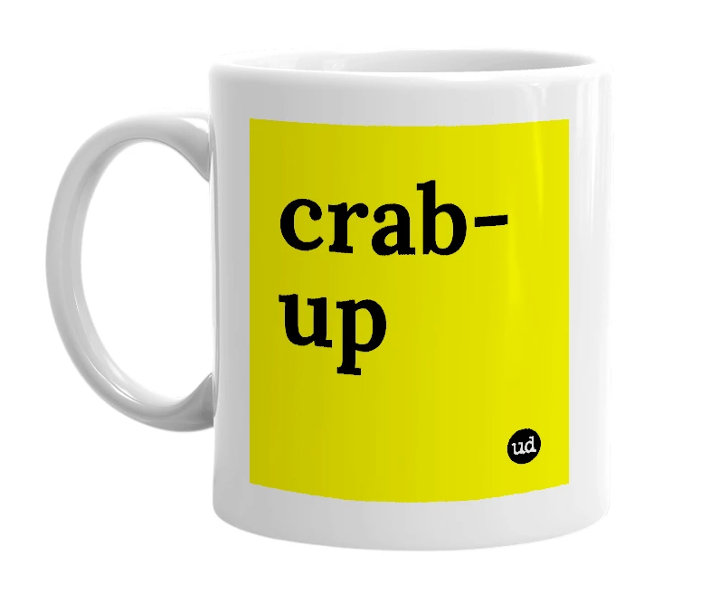 White mug with 'crab-up' in bold black letters