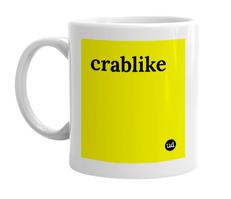 White mug with 'crablike' in bold black letters