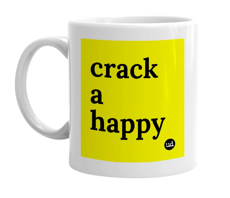 White mug with 'crack a happy' in bold black letters