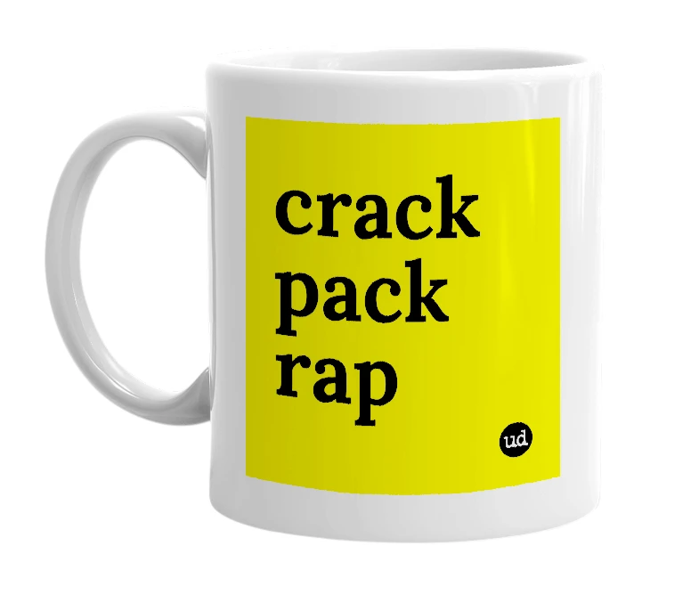 White mug with 'crack pack rap' in bold black letters