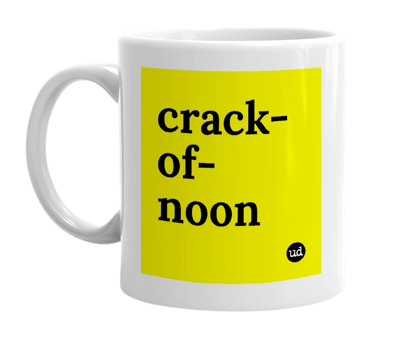 White mug with 'crack-of-noon' in bold black letters