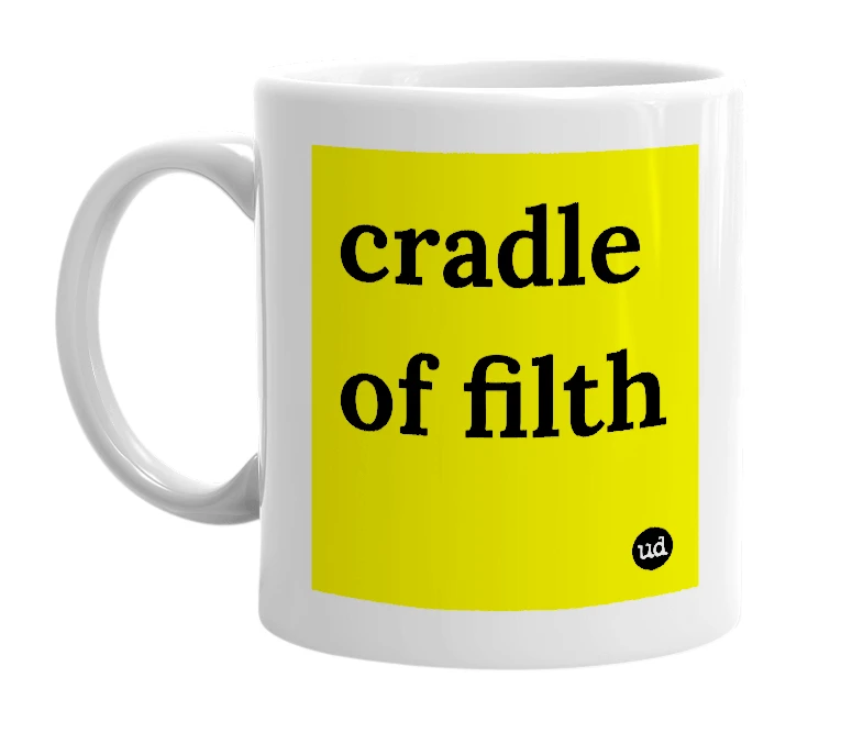 White mug with 'cradle of filth' in bold black letters