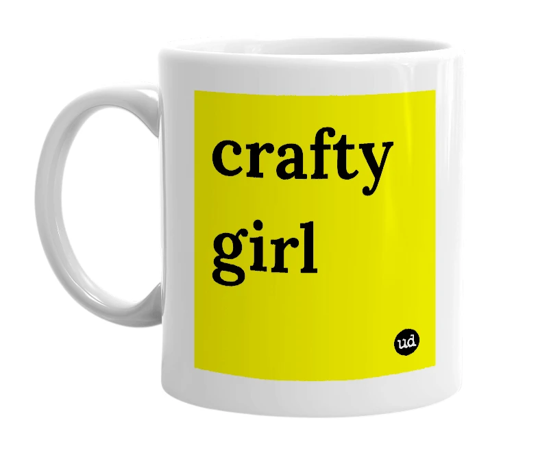 White mug with 'crafty girl' in bold black letters