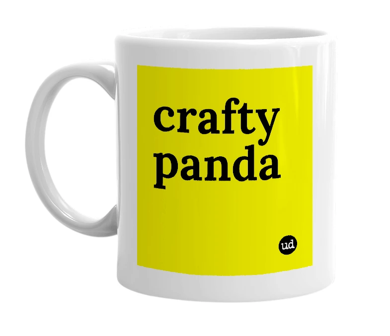 White mug with 'crafty panda' in bold black letters