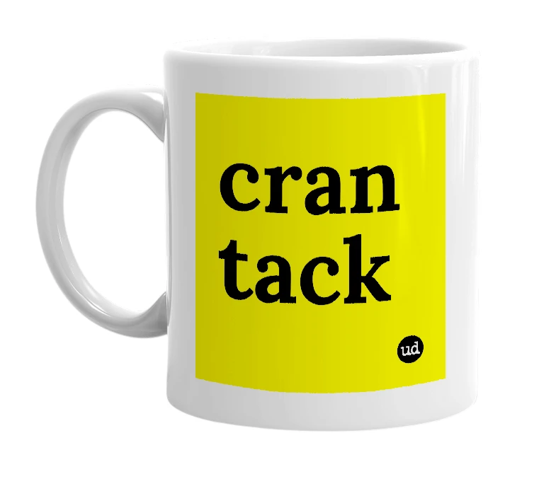 White mug with 'cran tack' in bold black letters