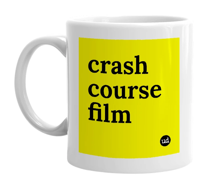 White mug with 'crash course film' in bold black letters