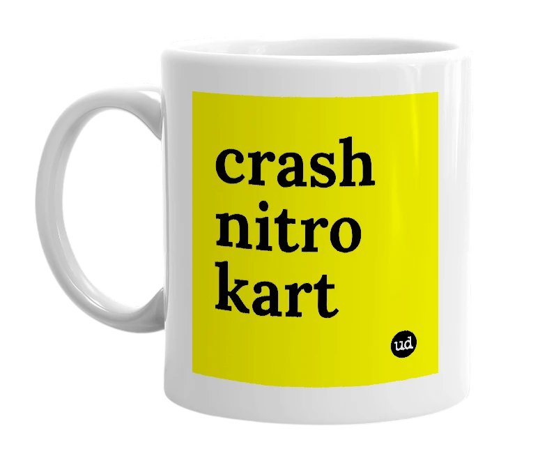 White mug with 'crash nitro kart' in bold black letters