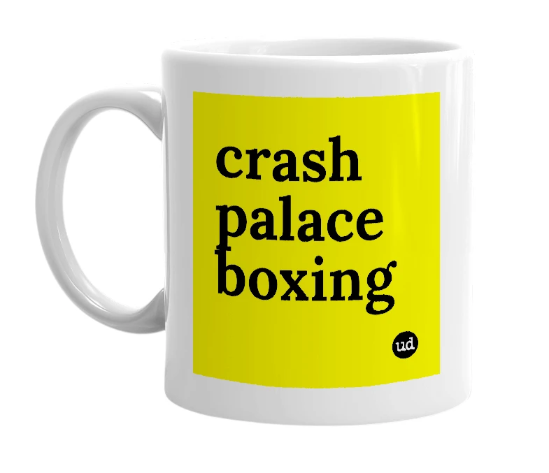 White mug with 'crash palace boxing' in bold black letters