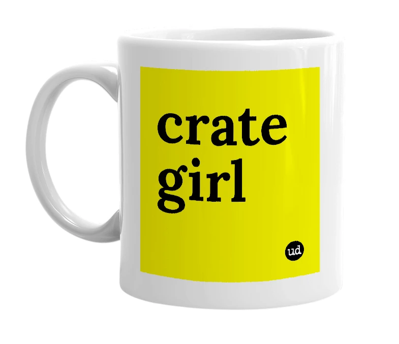 White mug with 'crate girl' in bold black letters